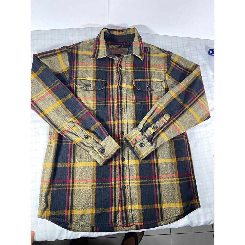 Orvis Heavyweight Plaid Flannel Shirt Mens Small 100% Cotton Long Sleeve Gray Ye